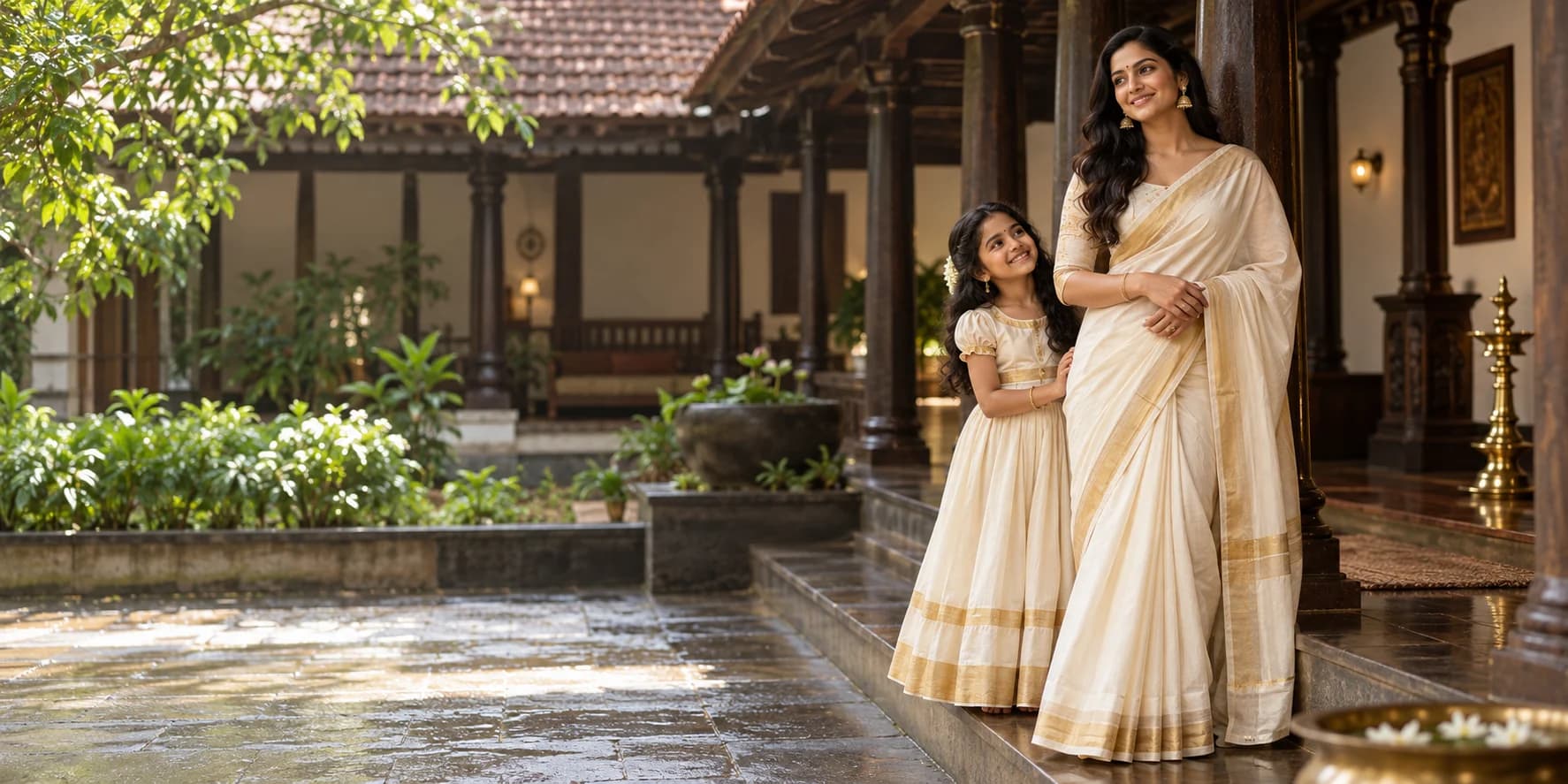 A mother and daughter wearing cream and gold kasavu outfits in a Kerala courtyard